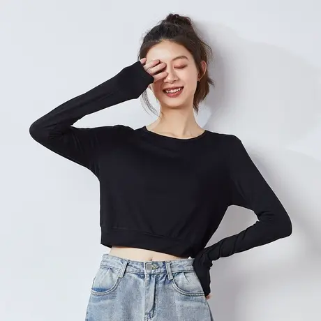 唐狮春秋新款纯色长袖T恤女短款体恤内搭白色韩版宽松上衣潮图片