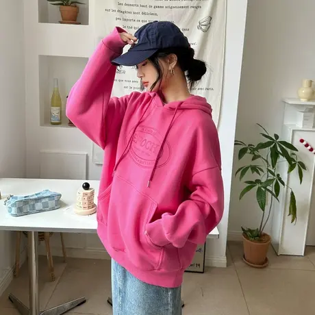 唐狮2023秋季新款女连帽卫衣宽松oversize玫红色辣妹上衣感潮VS商品大图