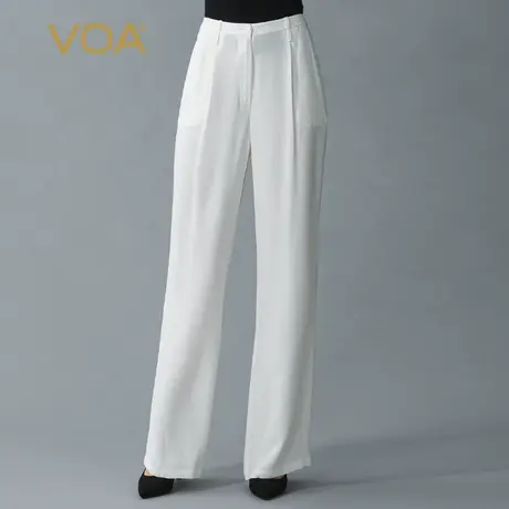 VOA30姆米重磅桑蚕丝牛奶白自然腰纽扣时尚百搭通勤真丝直筒裤商品大图