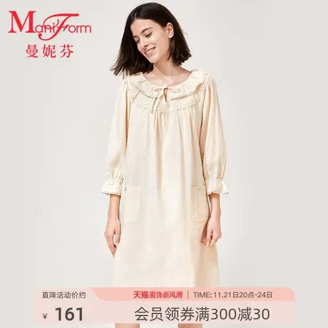 曼妮芬荷叶领泡泡七分袖裙装纯棉家居服女士春秋舒适睡裙20310705商品大图