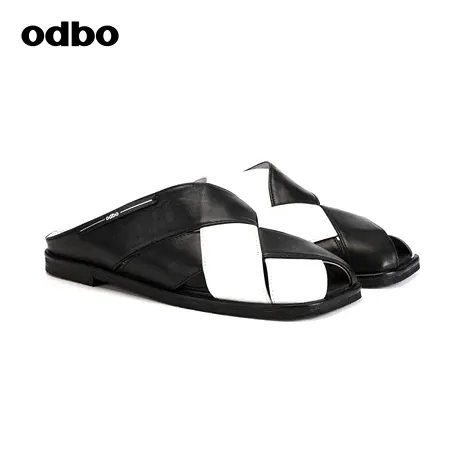 odbo/欧迪比欧原创设计撞色拼接羊皮革拖鞋女2023新款舒适包头鞋商品大图