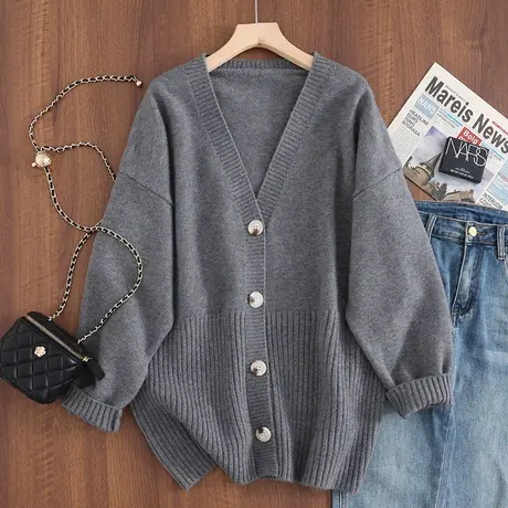 23119新款韩版宽松V领针织衫长袖毛衣女百搭开衫纯色外套上衣商品大图