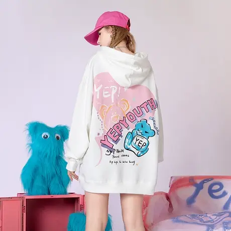 YEP涂鸦白色卫衣女炸街盐系连帽宽松设计感春秋欧货大版薄款外套商品大图
