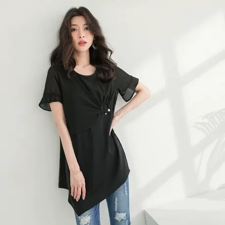 桔熊夏季简约珠环雪纺衫黑色不规则下摆中长款上衣女大码AB13238商品大图