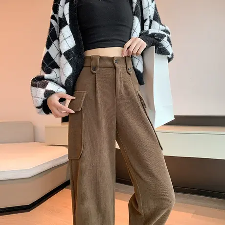 九分雪尼尔阔腿束脚工装裤女秋冬新款宽松小个子灯芯绒休闲哈伦裤图片