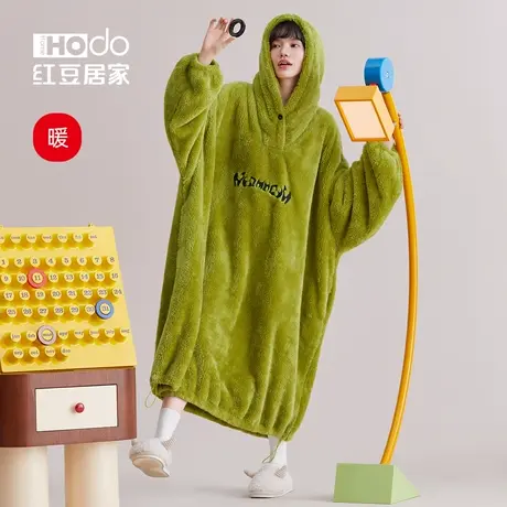 红豆居家睡袍女珊瑚绒冬季加厚连帽宽超大松可外穿睡衣牛油果色商品大图