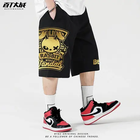国潮2025夏季短裤男士复古兔子印花五分裤薄款宽松潮牌全棉运动裤商品大图