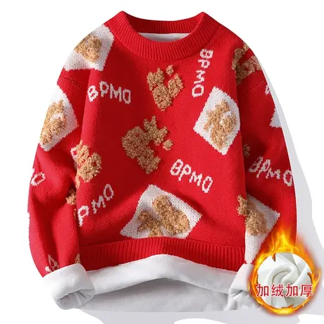 圆领毛衣男潮流线衣提花福字国潮加绒加厚宽松百搭休闲新年针织衫商品大图