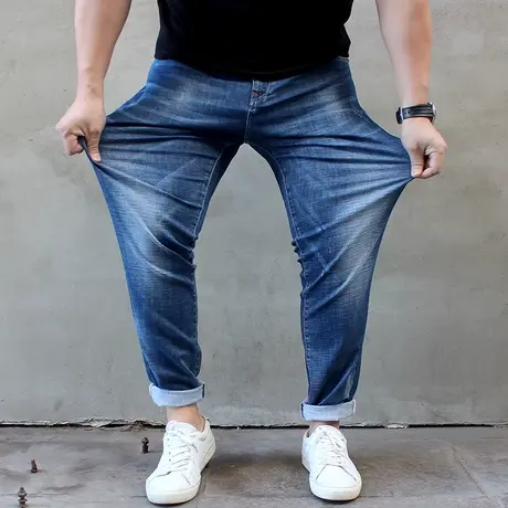 春新款浅蓝特大号潮胖高弹力修身小脚加肥加大码男士牛仔裤长裤图片