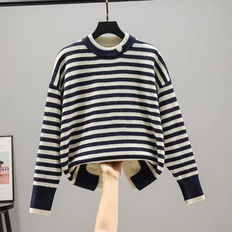 2023春装新款韩版宽松圆领假两件条纹拼接长袖针织衫女士百搭毛衣商品大图