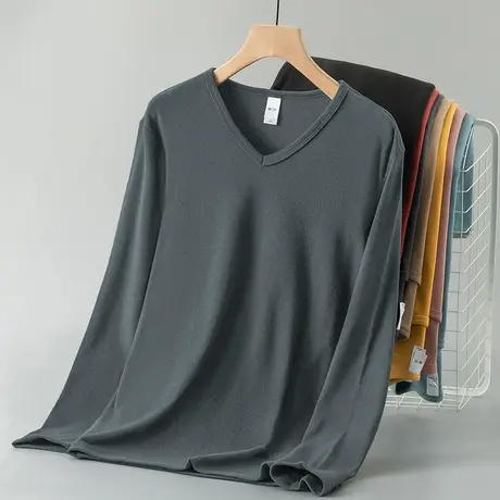 德绒长袖t恤男秋冬季潮流V领上衣服纯色内搭打底衫双面绒保暖小衫商品大图