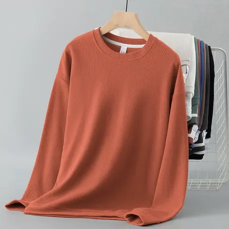 2024秋季新款华夫格圆领卫衣男潮流百搭加绒加厚无帽纯色长袖t恤商品大图