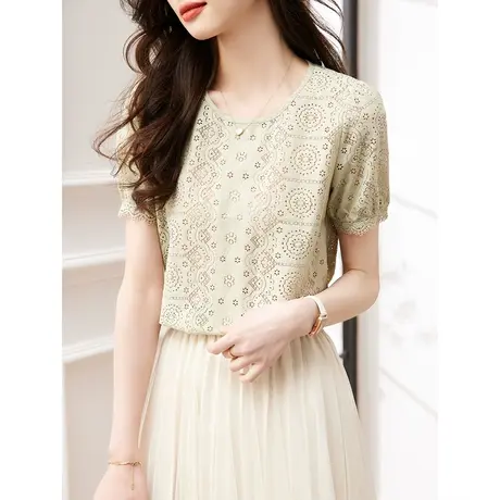 时尚气质刺绣圆领短袖衬衫女士2023年夏新款百搭减龄显瘦上衣商品大图