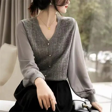 2023新款小香风针织衫女秋季镂空提花V领拼接袖宽松显瘦套头上衣商品大图