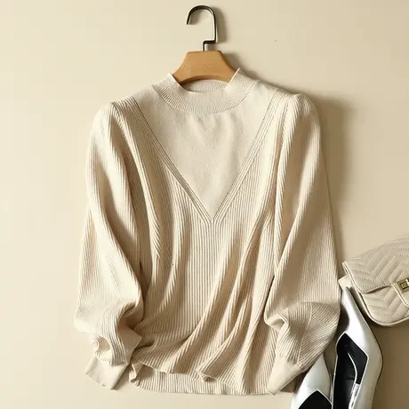 半高领针织衫女2023年秋冬新款宽松加厚灯笼袖内搭打底毛衣女上衣商品大图