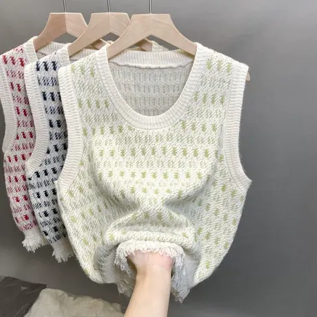 针织马甲背心女2023秋外搭叠穿韩版宽松提花流苏无袖毛衣坎肩上衣商品大图