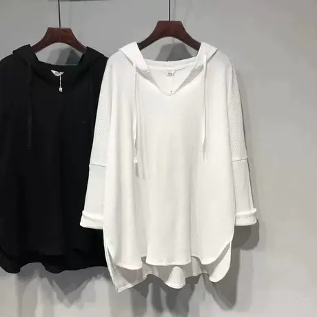 纯色简约连帽长袖T恤女春秋韩版宽松显瘦大码百搭设计感小众上衣图片
