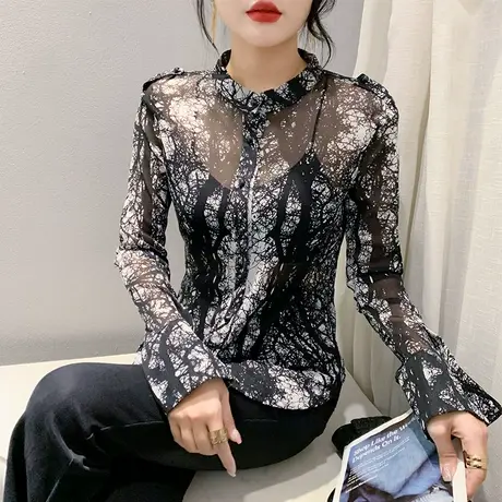 性感网纱POLO领衬衫长袖设计感排扣扎染印花上衣时尚减龄修身小衫商品大图