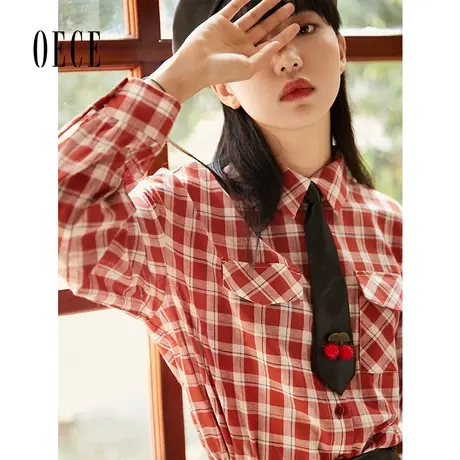 Oece设计感格纹衬衫春秋季新款女复古修身长袖气质衬衫图片