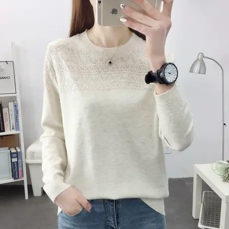 圆领镂空针织衫女2022春装新款韩版百搭薄款毛衣洋气时尚打底衫女图片