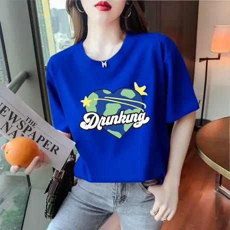 克莱因蓝短袖t恤女夏装2023年新款宽松圆领爱心上衣白色纯棉体恤商品大图