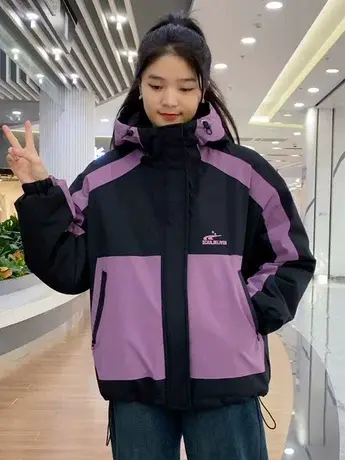 欧货撞色连帽夹棉冲锋衣棉服外套女秋冬季新款宽松休闲保暖夹克潮商品大图