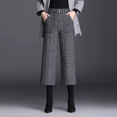 格纹阔腿裤毛呢休闲裤时尚高腰八分裤韩版显瘦裤子女秋冬2023新款商品大图