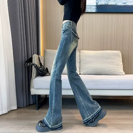 美式复古微喇牛仔裤女春秋高腰紧身显瘦直筒拖地阔脚喇叭马蹄裤子图片
