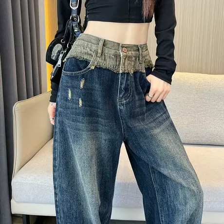 蓝色破洞直筒牛仔裤女春秋新款高腰显瘦美式拼色设计感阔腿灯笼裤商品大图