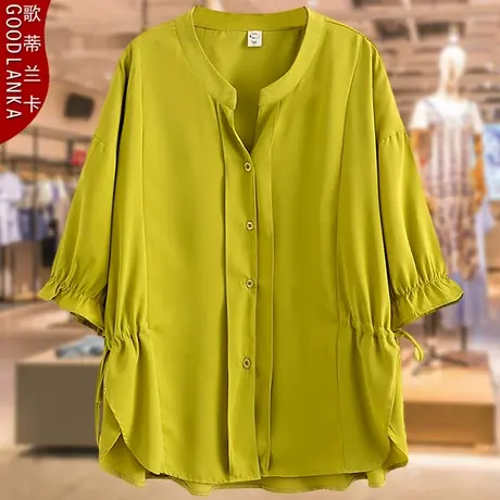 加肥加大码胖妈妈夏季衬衣女200斤宽松遮肚V领女士短袖纯色衬衫女商品大图