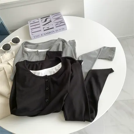 时髦设计感假两件长袖T恤打底衫女不规则假两件拼接上衣韩版内搭图片