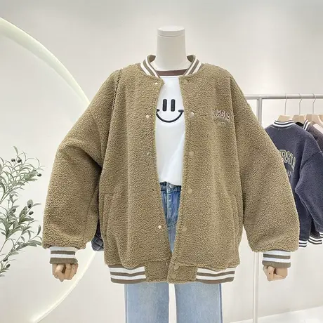 羊羔毛棒球服外套女冬款美式复古字母刺绣单排扣宽松加绒夹克棉服商品大图