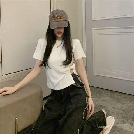 不规则白色正肩短袖t恤女夏设计感小众甜辣别致高腰短款上衣ins潮图片
