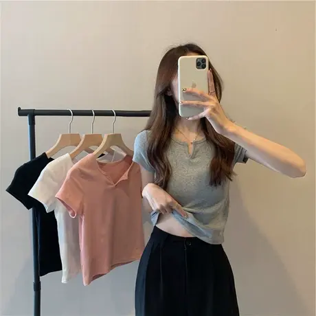 别致v领短袖正肩T恤女装设计感小众短款高腰辣妹上衣2024新款夏季图片