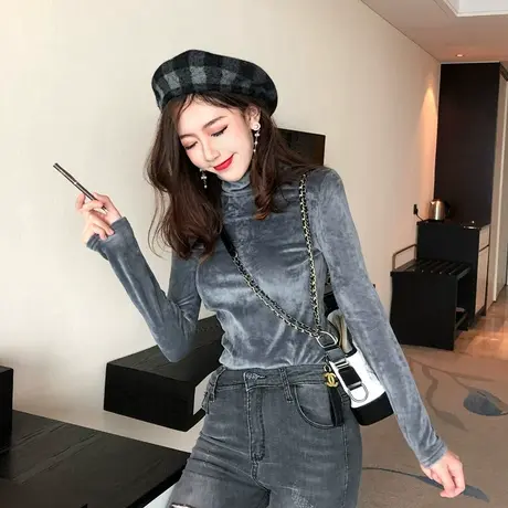 2024秋冬季新款金丝绒高领加厚打底衫女加绒内搭长袖t恤保暖上衣图片