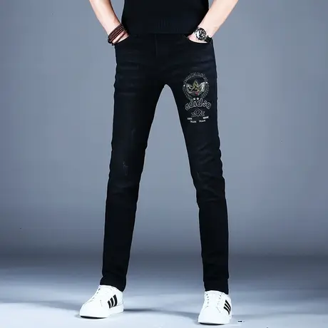 2023新款男士牛仔裤男款黑色潮流修身刺绣小脚裤子秋冬季加绒弹力商品大图