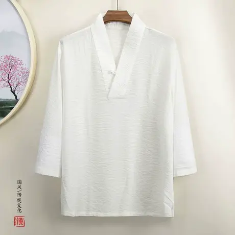 夏季七分袖男T恤复古中国风短袖上衣民族风格中袖衣服V领打底衫潮图片