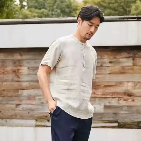 萨法瑞亚麻短袖套头T恤休闲简约立领棉麻衬衫宽松大码2023新款潮商品大图