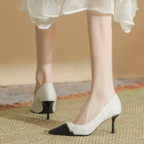 法式名媛风配裙子高跟鞋2023春季新款性感尖头珍珠气质单鞋女细跟图片