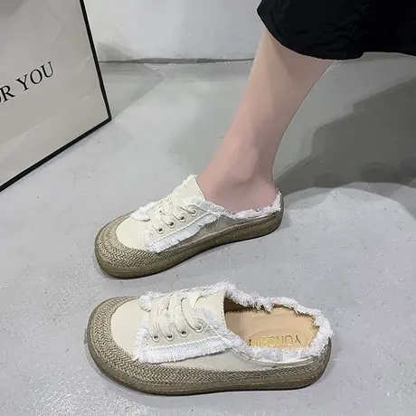 拖鞋女2023夏季新款时尚性感豹纹帆布百搭系带休闲包头半拖鞋外穿商品大图