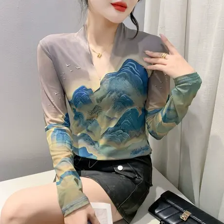 性感镂空V领打底衫女长袖网纱印花时尚气质内塔上衣修身百塔T恤潮商品大图