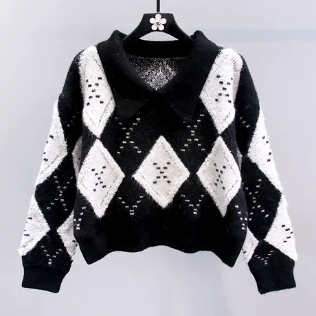 撞色菱形V领毛衣女冬季2023新款宽松设计感小众休闲加厚针织上衣图片