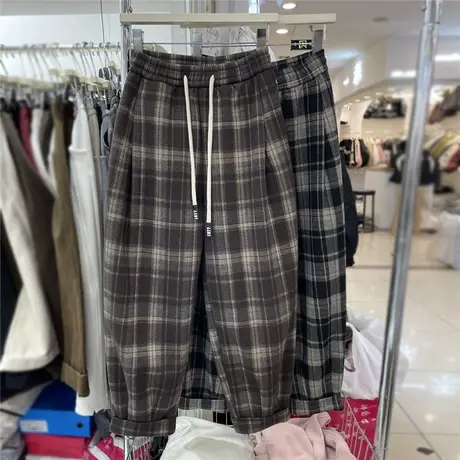 复古格子裤女加绒加厚冬季2023新款九分裤宽松休闲裤百搭洋气裤子图片