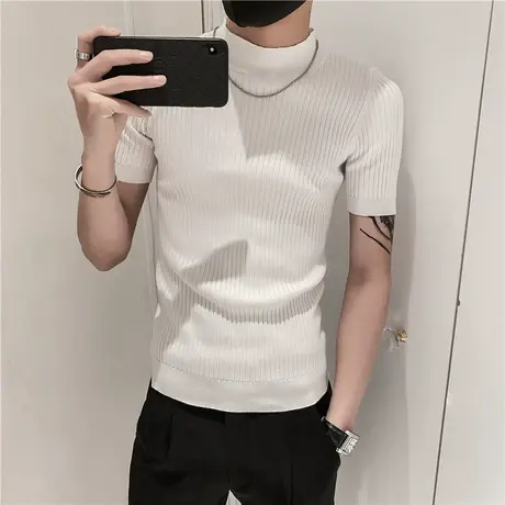 冬季男士毛衣打底衫短袖修身半袖针织潮流半高领体恤纯色百搭T恤商品大图