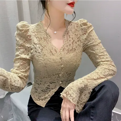 不规则开叉镂空V领泡泡袖打底衫时尚蕾丝拼接气质内塔修身上衣ins商品大图