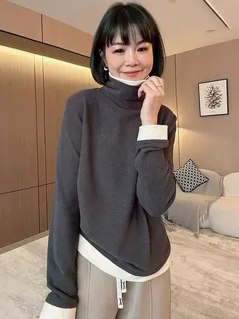 假两件高领打底衫t恤女2023秋冬季加厚保暖内搭德绒宽松长袖上衣商品大图