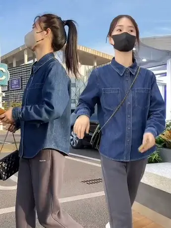 2023新款冬季新款加绒牛仔衬衫POLO领开衫外套女百搭复古牛仔衬衣图片