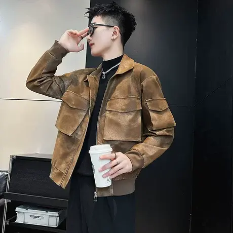 街头做旧皮衣夹克男春秋季2023新款痞帅高级感口袋工装皮衣外套商品大图