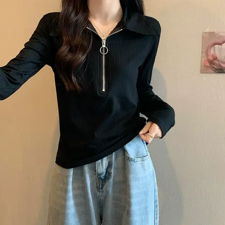 美式复古半拉链polo领长袖T恤女秋小个子辣妹小众设计感打底上衣图片