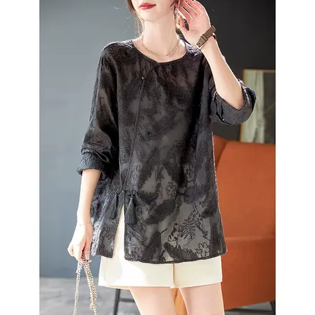 宝诗黎圆领宽松刺绣雪纺衫女2025春季新款气质高级感薄休闲上衣商品大图